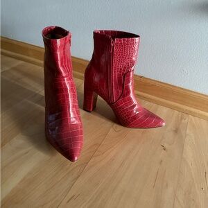 Red Croc-Embossed Ankle Boots
